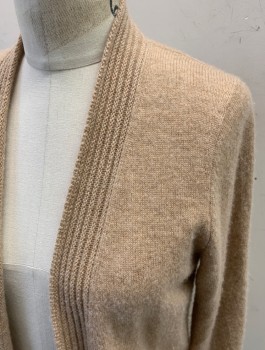 Womens, Sweater, CHARTER CLUB, Tan Brown, Cashmere, Solid, Heathered, S, L/S, Shawl Front, Ribbed Cuffs, Ribbed Collar
