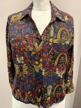 Womens, Blouse, NY COLLECTION, Wine Red, Goldenrod Yellow, Aubergine Purple, Tan Brown, Polyester, Abstract , B:44", XL, Ornate Pattern, Medallion-like Repetitive Pattern, C.A., 5 Buttons, 2 Pockets, Box Pleat at Back, Square Button Cuffs