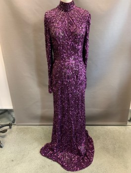 Womens, Evening Gown, N/L, Purple, Synthetic, Sequins, Solid, W28, B34, Mock Neck, Hook & Eyes Back Of Neck, L/S, Zip Back, Purple Beading, Sheer