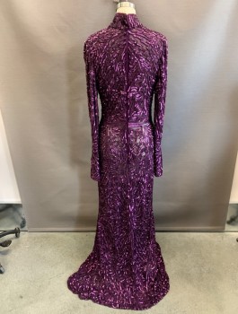 Womens, Evening Gown, N/L, Purple, Synthetic, Sequins, Solid, W28, B34, Mock Neck, Hook & Eyes Back Of Neck, L/S, Zip Back, Purple Beading, Sheer