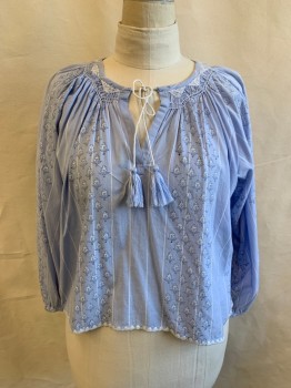 Womens, Top, SAYLOR, Lt Blue, White, Cotton, Stripes - Vertical , Floral, L, Round Neckline, Rope Neck Tie with Tassel Ends Attached, Key Hole, Long Sleeves, Gathered at Sleeves, White Triangle Embroidery at Neckline & Hem