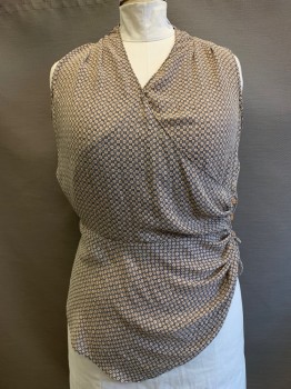 CHELSEA, Black, Camel Brown, White, Polyester, Squares, Sleeveless, V Neck, Crossover, Side Pleat With Buttons,