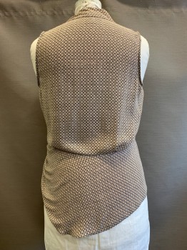 Womens, Blouse, CHELSEA, Black, Camel Brown, White, Polyester, Squares, 1XL, Sleeveless, V Neck, Crossover, Side Pleat With Buttons,