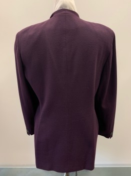 JONES OF NY, Plum Purple, Wool, Solid, 6 Buttons, Single Breasted, Peaked Lapel With No Collar, 2 Pockets,