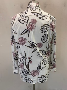 TED BAKER, White, Dk Gray, Moss Green, Maroon Red, Cotton, Floral, C.A., Button Front, L/S