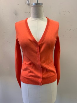 Womens, Sweater, ANN TAYLOR, Coral Orange, Beige, Rayon, Cotton, Solid, M, V-N, Snap Front, 2 Pockets, Floral Lace Back,