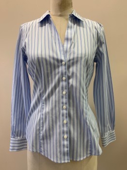BROOKS BROTHERS, Baby Blue, White, Blue, Cotton, Polyester, Stripes - Vertical , L/S, Button Front, Collar Attached,