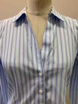 BROOKS BROTHERS, Baby Blue, White, Blue, Cotton, Polyester, Stripes - Vertical , L/S, Button Front, Collar Attached,