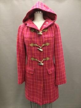 BENETTON, Hot Pink, Orange, Purple, Cream, Wool, Nylon, Plaid, Knee Length, Snap Front with Leather/Faux Tusk Toggles, Hood Attached, L/S, 2 Flap Pockets