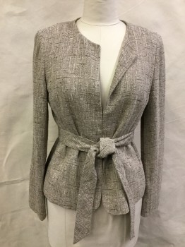Womens, Blazer, CLASSIQUES ENTIER, Beige, Cream, Brown, Viscose, Tweed, Sz.14, L/S, V-neck, No Collar, Hook & Eyes Center Front, Tie Belt Attached at Side Waist, 1980's Look, Classic Style