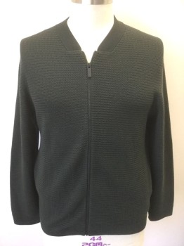 Mens, Cardigan Sweater, COS, Dk Green, Cotton, Solid, XL, Very Dark Green (Nearly Charcoal) Bumpy Textured Knit, Long Sleeves, Zip Front, Rib Knit Neck, Cuffs and Waistband