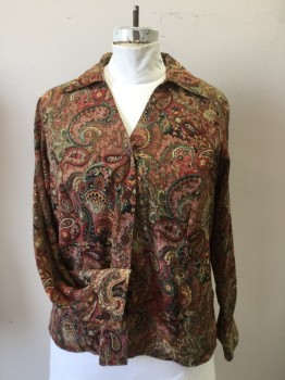 NOTATIONS, Brown, Rust Orange, Green, Black, Polyester, Paisley/Swirls, Open Collar, Long Sleeves, Button Front,
