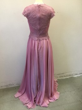 Womens, Evening Gown, DAVE & JOHNNY, Rose Pink, Polyester, Solid, B:34, 3/4, W:26, Rose Pink Chiffon, with Floral Lace/Net Cap Sleeves, Back, and Waistband with Tiny Pink Rhinestones, Finely Pleated Bust Surplice Bust with Sweetheart Neckline, CB Zipper, Floor Length Hem