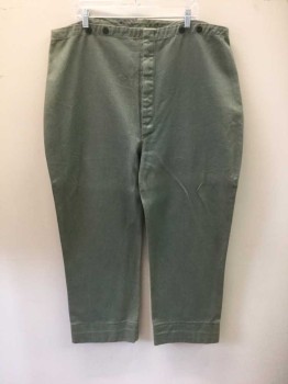 N/L MTO, Sage Green, Cotton, Solid, Button Front, Suspender Buttons, Curved Back Waist, Slight Hanger Burn Through Mid Thigh, Aged/Dirty