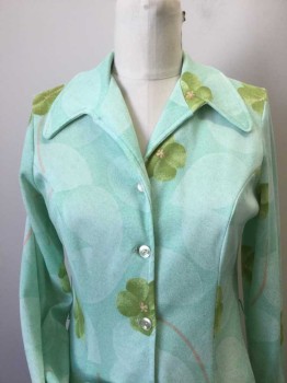 N/L, Lime Green, Mint Green, Peach Orange, Polyester, Floral, Bold Floral Print on Polyester Knit. Button Placet, Long Sleeves, Open Collar. Length to Knee. No Belt