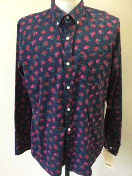 BONOBOS, Navy Blue, Red, Raspberry Pink, Green, Cotton, Floral, Carnations Floral Print, Long Sleeves, Button Front, Button Down Collar, 1 Pocket, Slim Fit