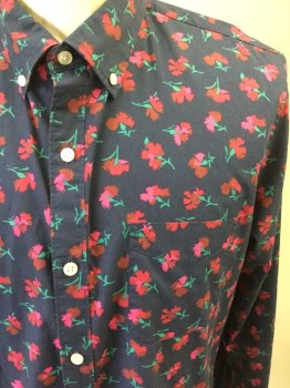 BONOBOS, Navy Blue, Red, Raspberry Pink, Green, Cotton, Floral, Carnations Floral Print, Long Sleeves, Button Front, Button Down Collar, 1 Pocket, Slim Fit