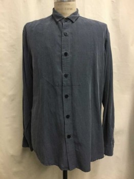Navy Blue, Cotton, Stripes, Faded Navy with Navy Stripes, Button Front, Collar Attached, Bib Front, Long Sleeves,