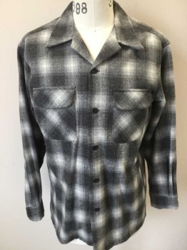 PENDELTON, Gray, Lt Gray, Wool, Plaid, Button Front, 2 Chest Pockets with Flaps, Collar Attached,