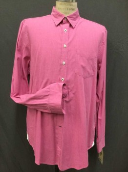 PINK, Raspberry Pink, Cotton, Solid, Button Front, Collar Attached, 1 Pocket, Long Sleeves,