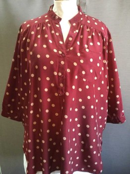 Womens, Blouse, FUN TO FUN, Wine Red, Tan Brown, Cream, Polyester, Polka Dots, 4 XL, Wine W/tan Polka Dots, Crew V-neck, Yoke, 2 Button Front, Pullover,1 Pocket, 3/4 Sleeves