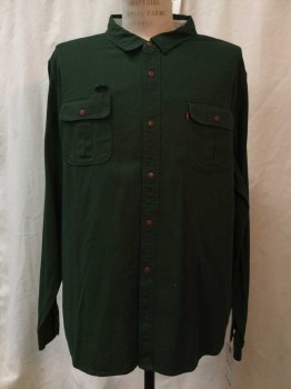 LEVI'S, Olive Green, Cotton, Spandex, Solid, Olive Green, Button Front, Collar Attached, Long Sleeves, 2 Pockets,