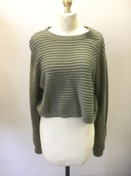 FOREVER 21, Olive Green, Cotton, Solid, Long Sleeves, Crop Bottom, Ribbed Neck/Sleeve Caps, Raised Knit Stripes