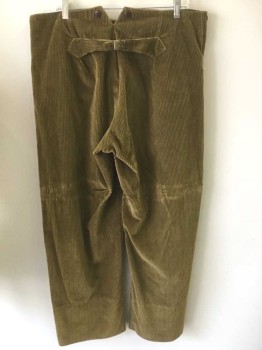 Mens, Historical Fiction Pants, MOVIE LEGENDS, Olive Green, Cotton, Solid, W:38, "L", Ins:32, Corduroy, Button Fly, Brown Suspender Buttons at Outside Waist, 2 Front Pockets, Belted Back,  Reproduction "Old West" Wear, Multiple