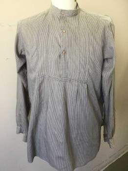 N/L, Taupe, Navy Blue, Cotton, Stripes - Vertical , Taupe with Navy Vertical Stripes, Long Sleeves, 3 Button Front, Band Collar,  Button Cuffs, Vertical Pleats at Front, Made To Order