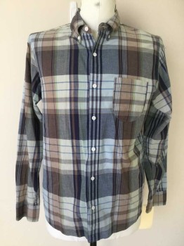J CREW, Navy Blue, Lt Brown, Green, Lt Blue, Cotton, Plaid, Button Front, Collar Attached, Button Down Collar, Long Sleeves, 1 Pocket