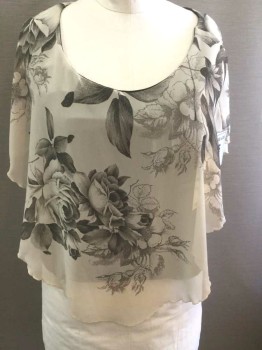 LIBIAN, Off White, Gray, Charcoal Gray, Polyester, Rayon, Floral, Leaf, Off White with Shades of Gray Roses and Leaves Pattern Chiffon, Poncho Style Top with Plunging Scoop Neck, Black Rayon Jersey Sleeveless Underlayer