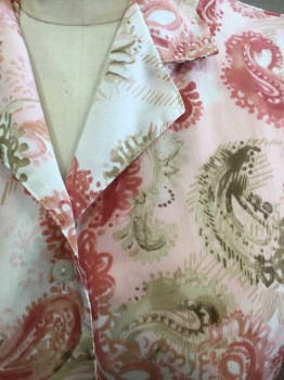 ALFRED DUNNER, Lt Pink, Peach Orange, Brown, White, Beige, Polyester, Paisley/Swirls, Light Pink/White with Pink, Brown, Beige, Etc Watercolor Paisley Pattern, Ribbed/Crinkled Texture Crepe, Short Sleeve Button Front, Notched Collar