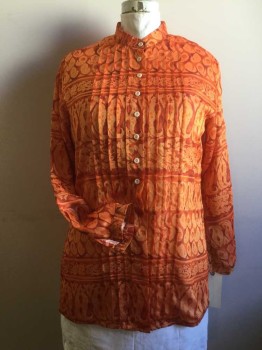 N/L, Orange, Red, Silk, Paisley/Swirls, Stripes - Horizontal , Button Front, Long Sleeves, Band Collar,  Pleats Down Center Front, Slit Sides, Sheer Crepe, Lined