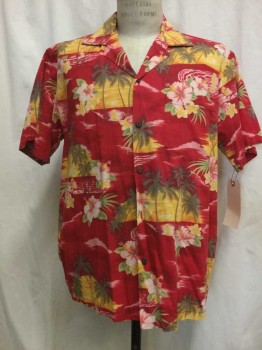 Mens, Hawaiian Shirt, PACIFIC LEGEND, Red, Orange, Pink, Brown, Green, Cotton, Tropical , M, Red/ Orange/ Pink/ Brown/ Green Tropical Print, Button Front, Open Collar Attached, Short Sleeves, 1 Pocket,