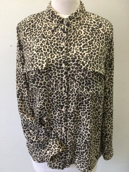 L, Tan Brown, Black, Gray, Lt Brown, Polyester, Animal Print, Tan W/black, Light Brown, Gray Leopard Print, Collar Attached with 1 Gold Button, Button Front, Long Sleeves, 2 Pockets with Flap