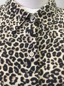 L, Tan Brown, Black, Gray, Lt Brown, Polyester, Animal Print, Tan W/black, Light Brown, Gray Leopard Print, Collar Attached with 1 Gold Button, Button Front, Long Sleeves, 2 Pockets with Flap