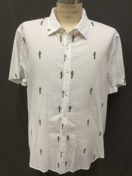 BONOBOS, White, Black, Gray, Cotton, Abstract , White Sear Suckers W/cactus Trees, Collar Attached, Button Front, Short Sleeves,