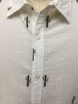 BONOBOS, White, Black, Gray, Cotton, Abstract , White Sear Suckers W/cactus Trees, Collar Attached, Button Front, Short Sleeves,