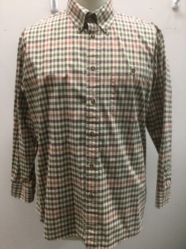 Mens, Casual Shirt, ORVIS, Beige, Brown, Rust Orange, Olive Green, Cotton, Check , XL, Long Sleeve Button Front, Collar Attached, Button Down Collar, 1 Patch Pocket with Button Closure