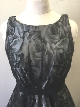 Womens, Cocktail Dress, JESSICA SIMPSON, Gray, Black, Polyester, Floral, 10, Gray and Black Floral, with Black Sheer Netting Overlay, Sleeveless, Scoop Neck, 1" Wide Solid Black Grosgrain Waistband, A-Line Skirt, Knee Length