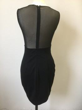 Womens, Cocktail Dress, ARK & CO, Black, Gold, Polyester, Rayon, Solid, M, Black with Gold Metallic Neck, Armcyes, and Curved Stripes at Front, Slit Cutout at Center Front, Sleeveless, Sheer Mesh Triangular Panels at Waist and Back Shoulders, Form Fitting, Hem Above Knee