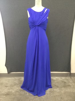Womens, Evening Gown, VERA WANG, Royal Purple, Polyester, Solid, 6, Chiffon, Pleated/Gathered Top, Cutout Hole Left Shoulder, Knotted Center Front Waist, Floor Length Hem, Side Zip, Sleeveless, Scoop Neck, Diagonal Pleated Back Top