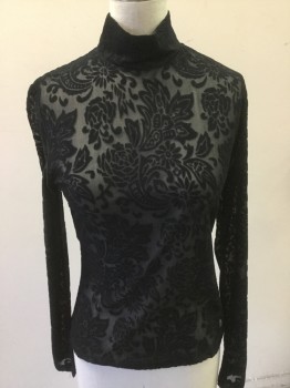 Womens, Top, GALLA COLLECTION, Black, Nylon, Spandex, Floral, S, Black Lace, Mock Neck, Back Zip, Long Sleeves,