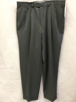 FACONNABLE, Olive Green, Wool, Solid, Olive, 1.5" Waistband, 2 Pleat Front, Zip Front, 5 Pockets, Cuff Hem