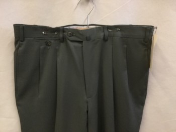 FACONNABLE, Olive Green, Wool, Solid, Olive, 1.5" Waistband, 2 Pleat Front, Zip Front, 5 Pockets, Cuff Hem