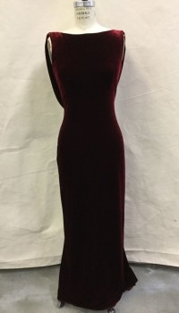 Womens, Evening Gown, ABS, Cranberry Red, Polyester, Solid, 25W, 34B, Velvet, Stretch, Bateau/Boat Neck, Elastic Waist, Sleeveless, Backless with Swag,