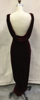Womens, Evening Gown, ABS, Cranberry Red, Polyester, Solid, 25W, 34B, Velvet, Stretch, Bateau/Boat Neck, Elastic Waist, Sleeveless, Backless with Swag,