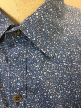ZACHARY PRELL, Blue, Periwinkle Blue, White, Turquoise Blue, Cotton, Dots, Floral, Blue with Busy Pattern of Shades of Blue and White Tiny Flowers, Short Sleeve Button Front, Collar Attached