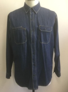 RED HEAD, Denim Blue, Cotton, Solid, Indigo Denim/Chambray, Tan Top Stitching, Long Sleeve Button Front, Collar Attached, 2 Patch Pockets