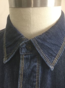 RED HEAD, Denim Blue, Cotton, Solid, Indigo Denim/Chambray, Tan Top Stitching, Long Sleeve Button Front, Collar Attached, 2 Patch Pockets